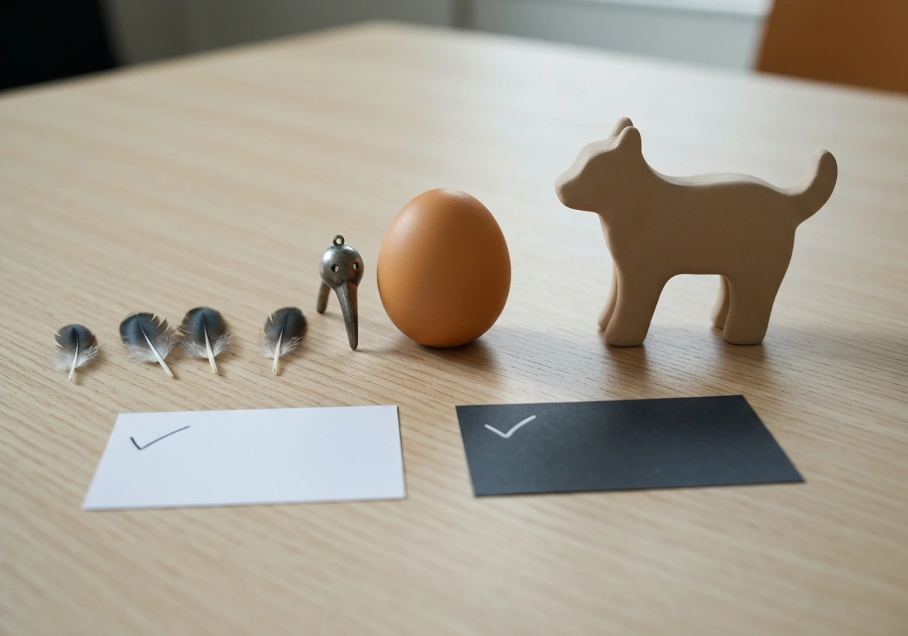 Minimal table scene with feathers, a beak ornament, and a plain egg beside blank cards.