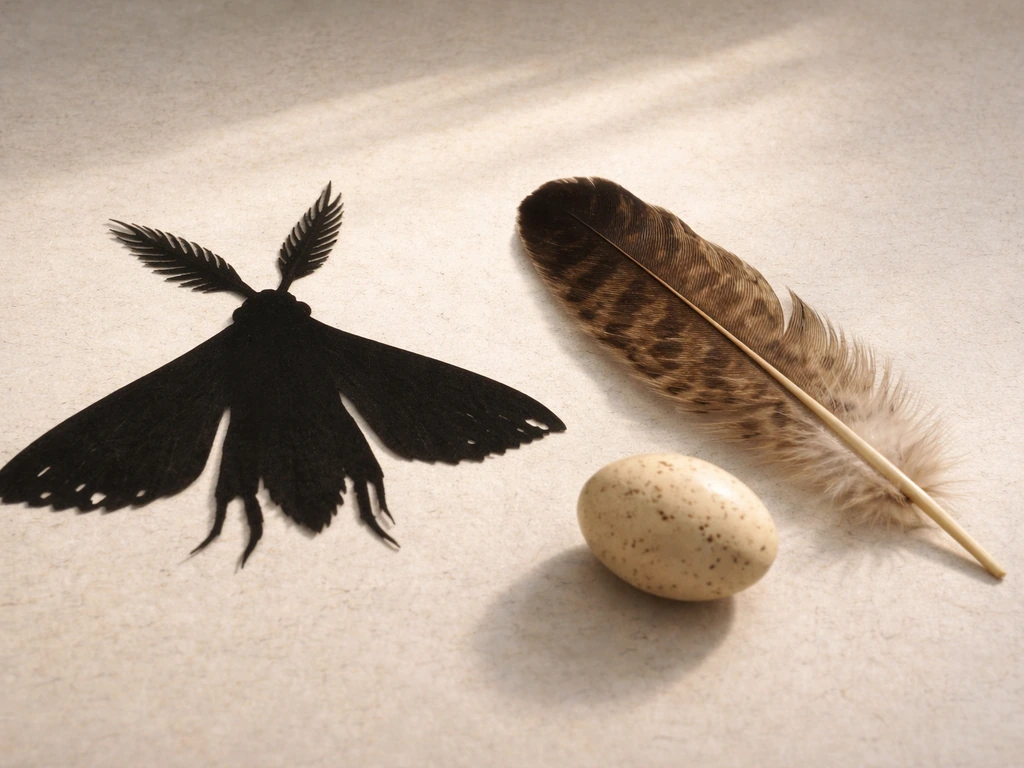 Dark moth-like fictional silhouette beside a real bird feather and egg on a neutral tabletop.