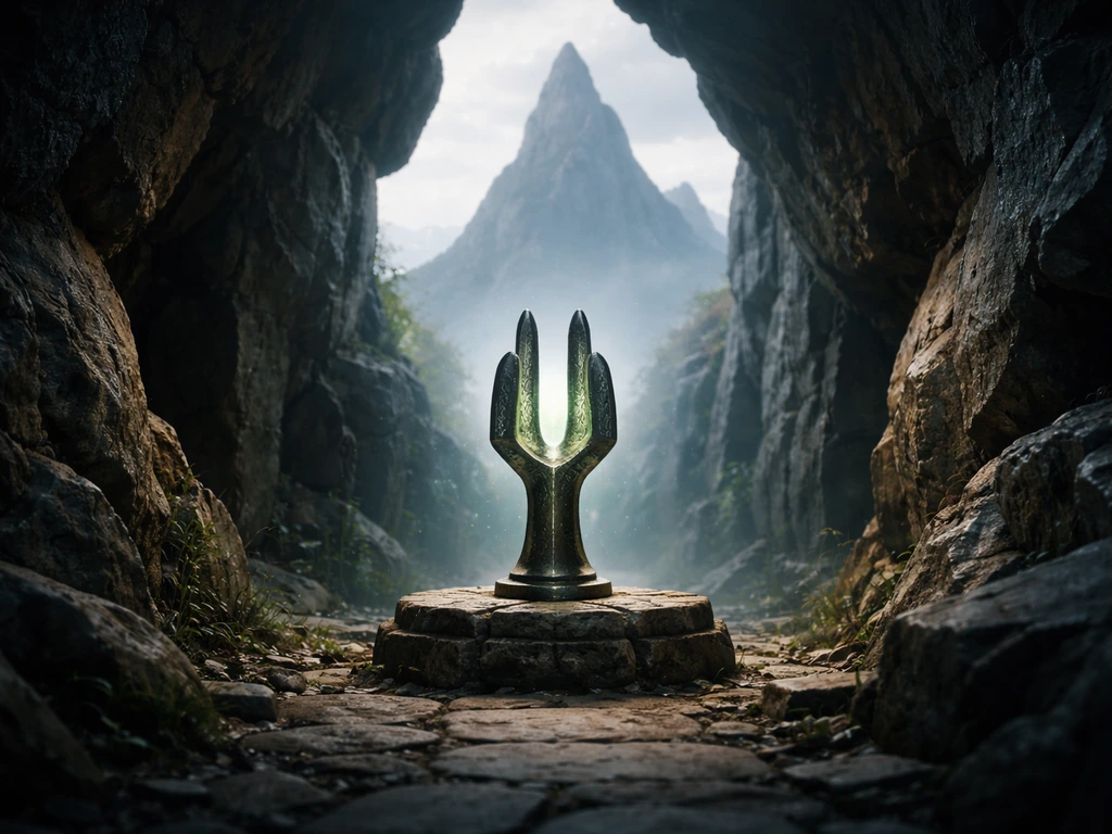 Glowing rune-tuned artifact on a stone dais with a misty Mount Fay silhouette behind it.