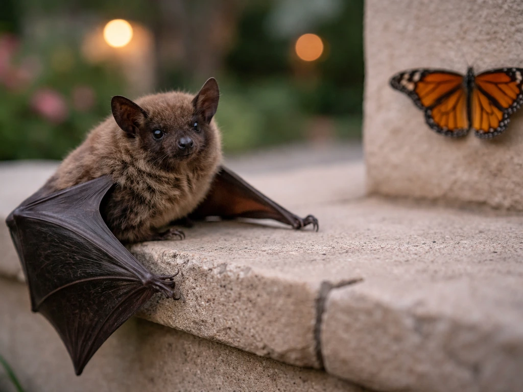 Close-up of a bat perched beside a softly lit garden butterfly on a wall at dusk