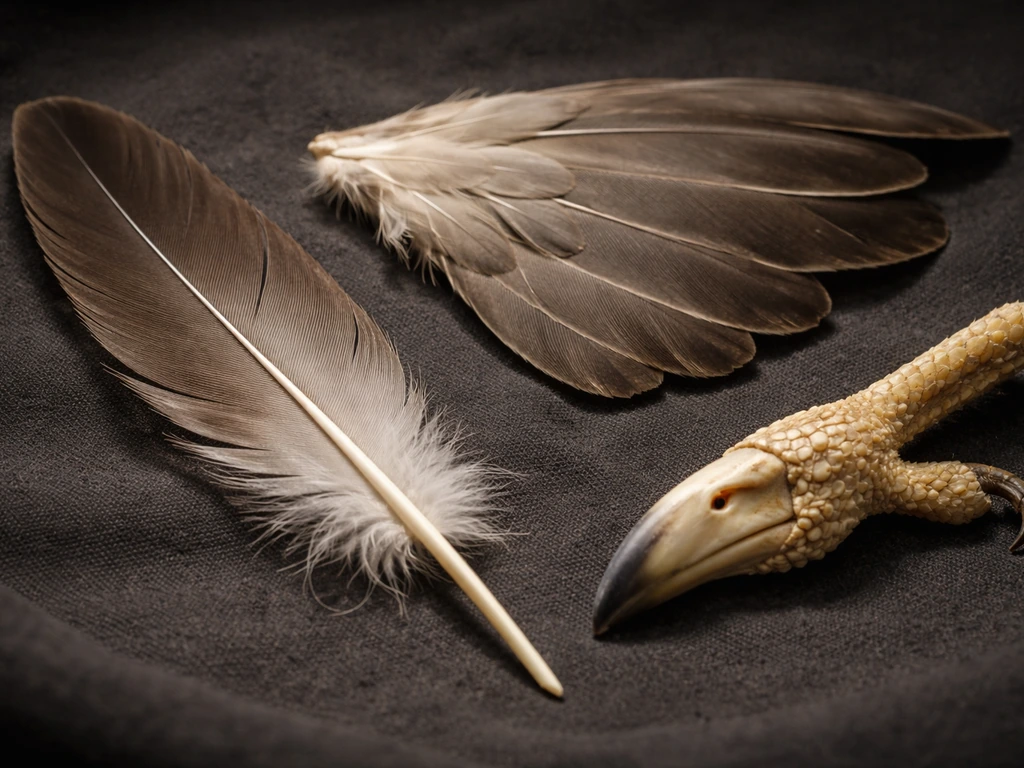 Close-up of a feather, wing feather layering, and beak/tarsus parts on dark cloth.
