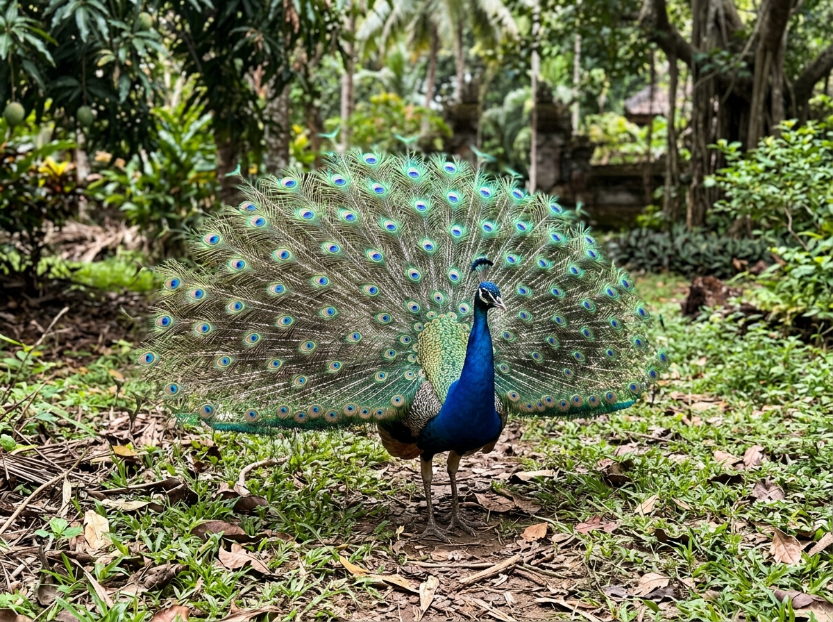 Male peacock displaying tail while standing on the ground, straight beak visible