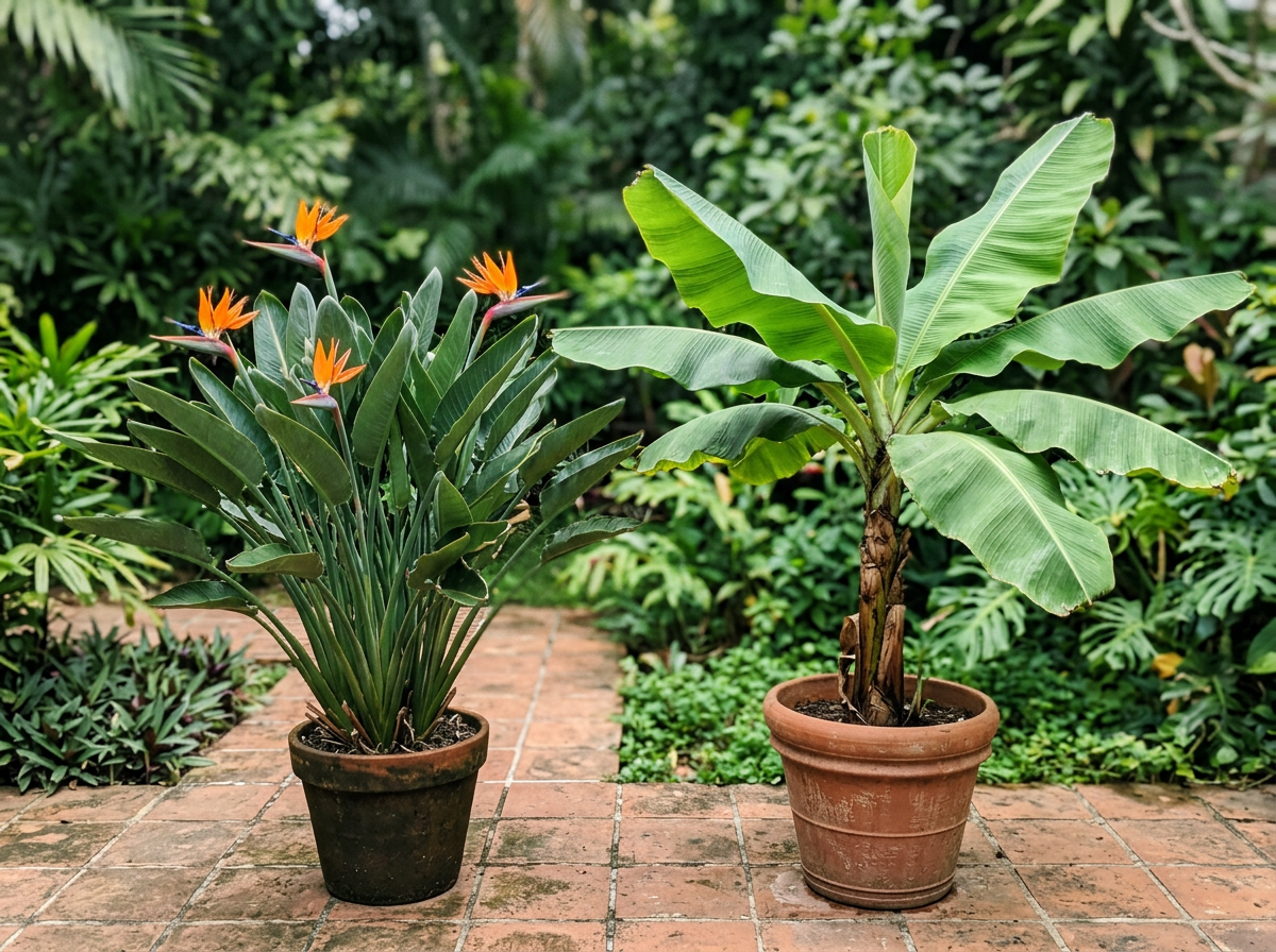 A split scene showing bird of paradise flowers and banana leaves to highlight the difference