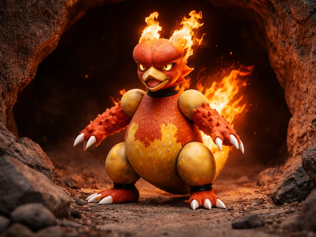 Magmar-like Fire-type Pokémon with a beak-like face glowing in a simple rocky volcanic cave.