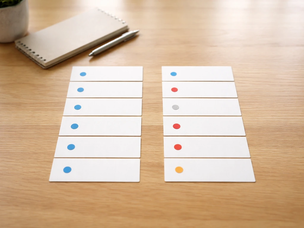 Minimal tabletop scene with a checklist-like grid of blank cards comparing two columns for bird traits.