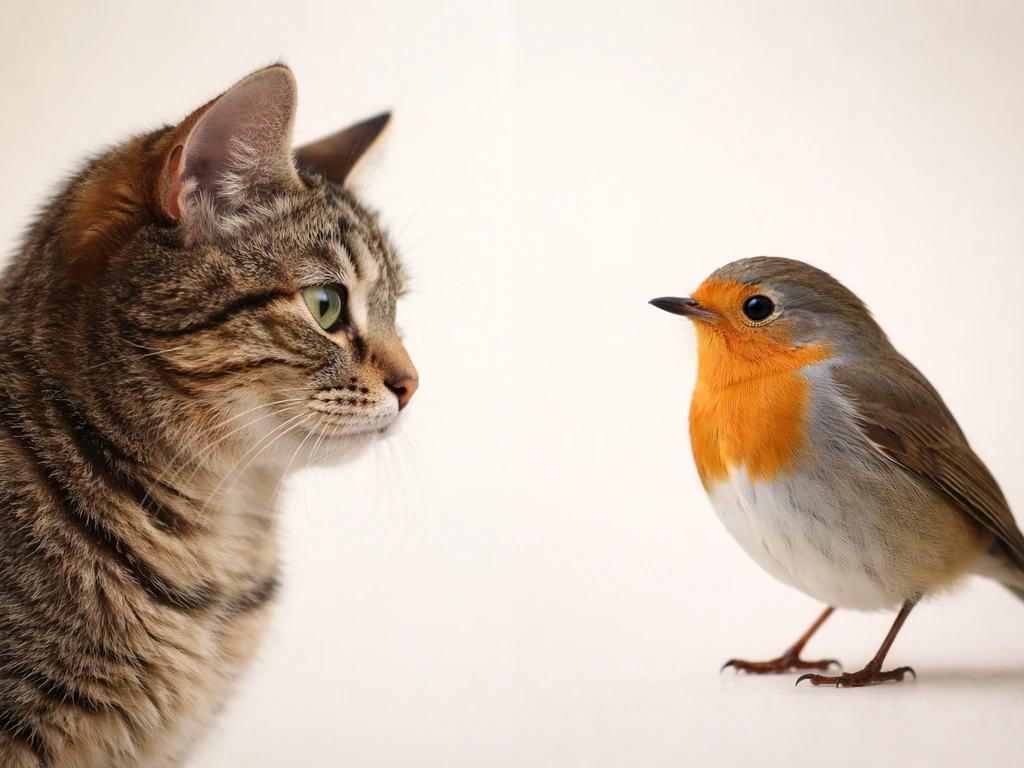 Mirrored photo: a cat’s fur on one side paired with a bird’s feathers on the other, minimal studio background.