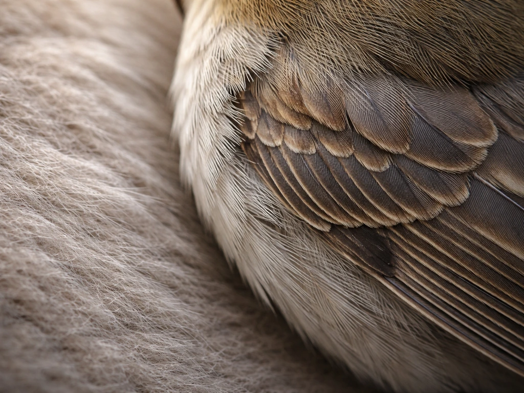 Close-up of a bird’s layered feathers beside a contrasting non-bird surface for clear trait comparison.