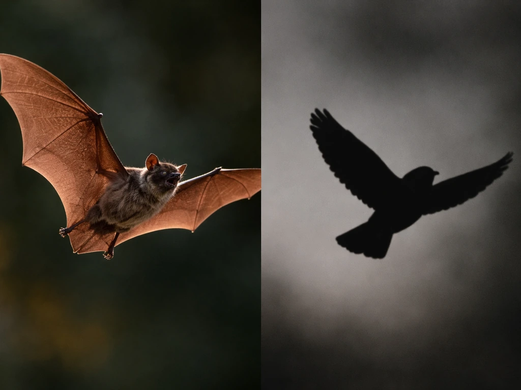 Close-up of a bat with wings and fur beside a simple dark bird silhouette in a minimal natural setting.