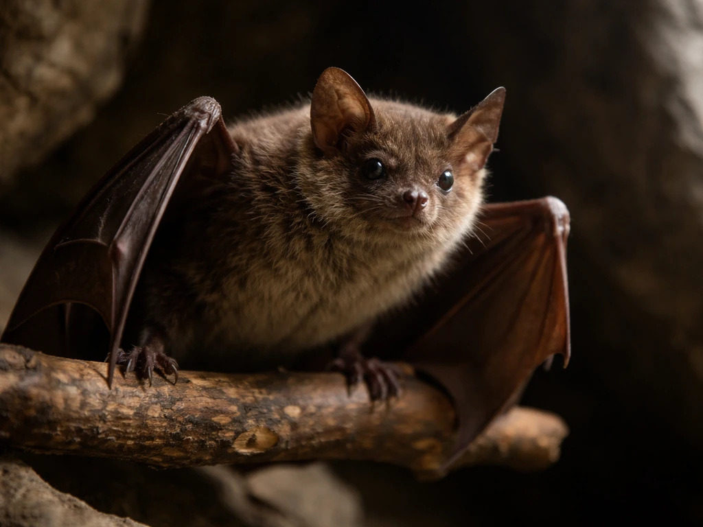 Realistic bat perched on a branch, showing fur and no feathers in a dim cave setting.