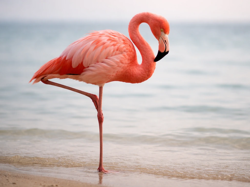 Pink flamingo standing on one leg with its bent bill visible against a simple water background