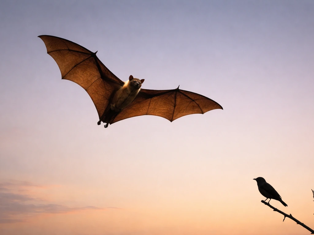 A bat flying at dusk with a small bird silhouette on a branch for contrast.
