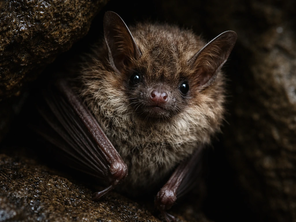 Close-up of a bat with visible fur and a mammal-like face in a natural dark roost.