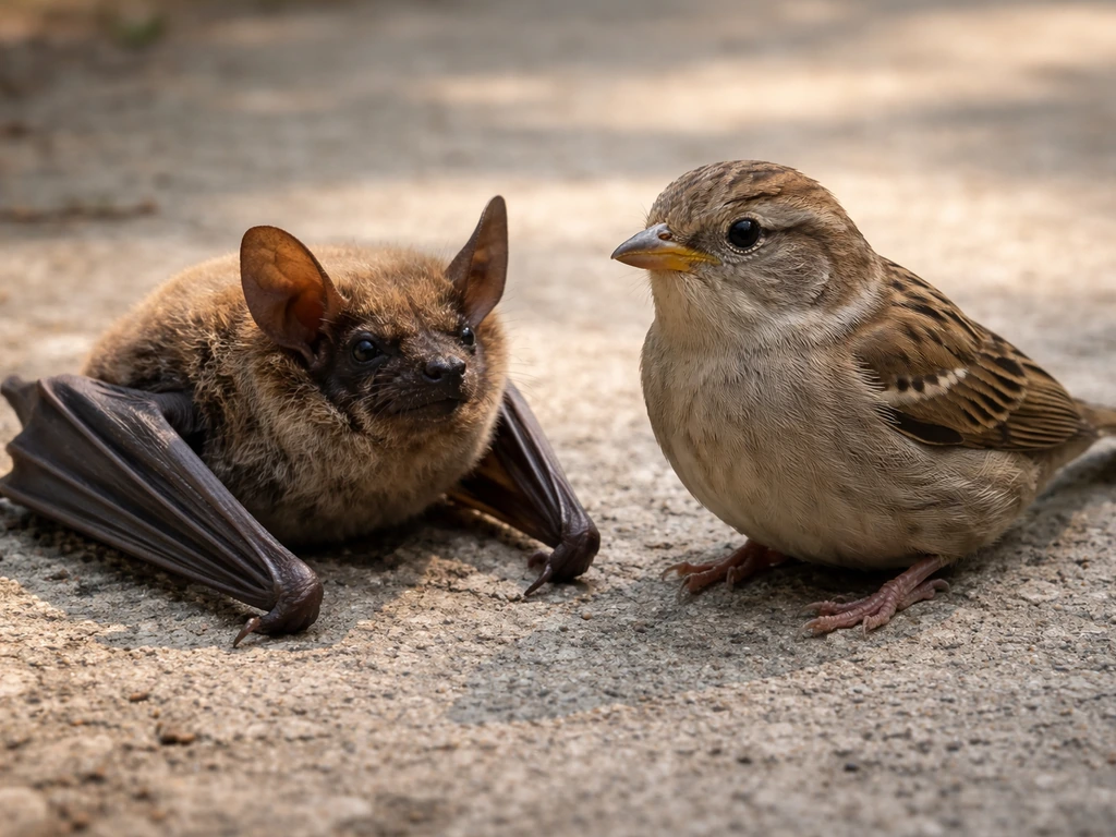 A bat with furry fur and membranous wings beside a bird showing feathers and a beak.