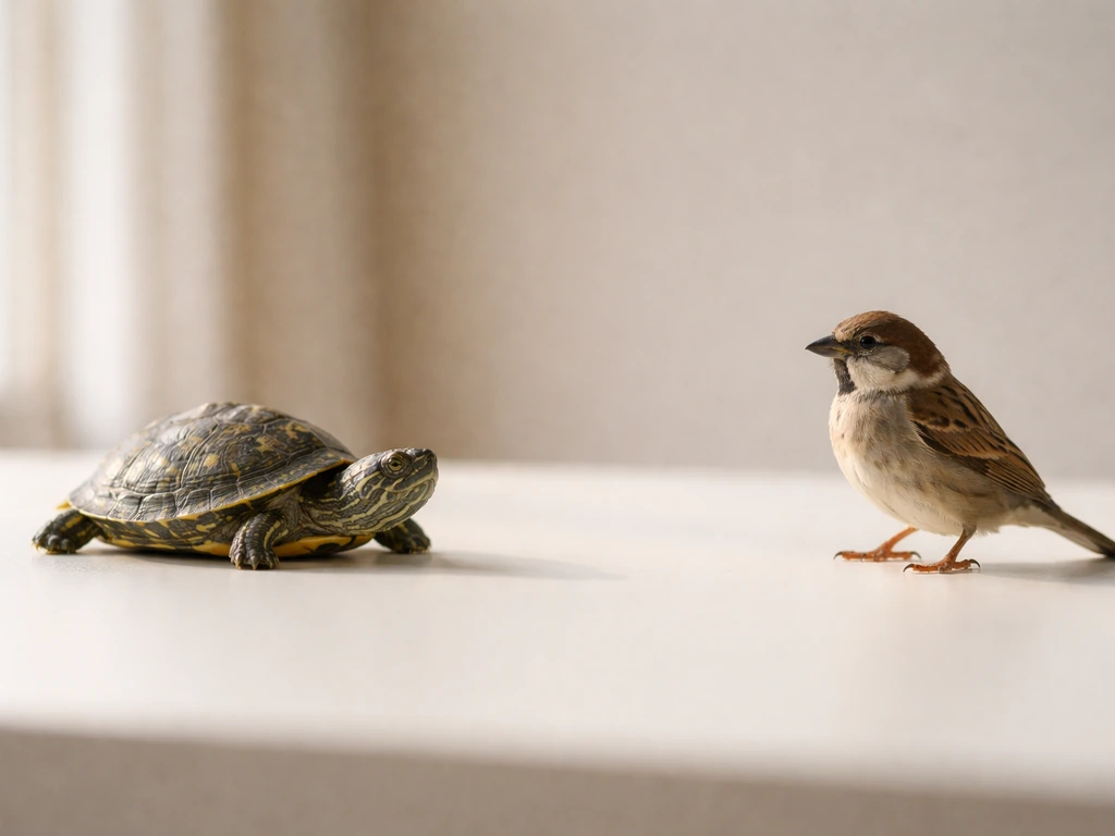 A turtle and a small bird perched side-by-side to show they are different animal groups.