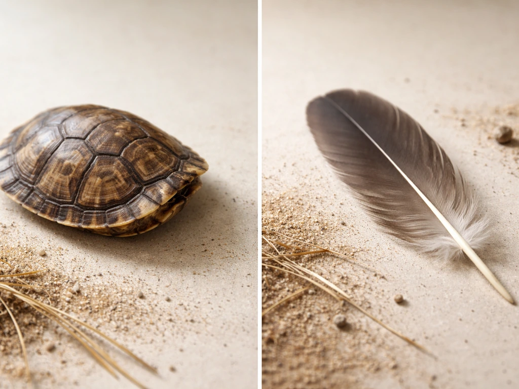 Close-up side-by-side: turtle shell scutes and a single bird feather on a neutral background.