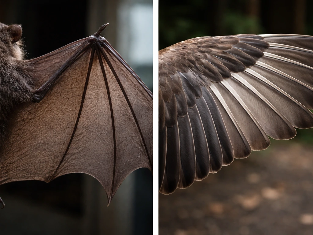 Side-by-side wings of a bat with skin membrane and a bird with feathers against a dark background.