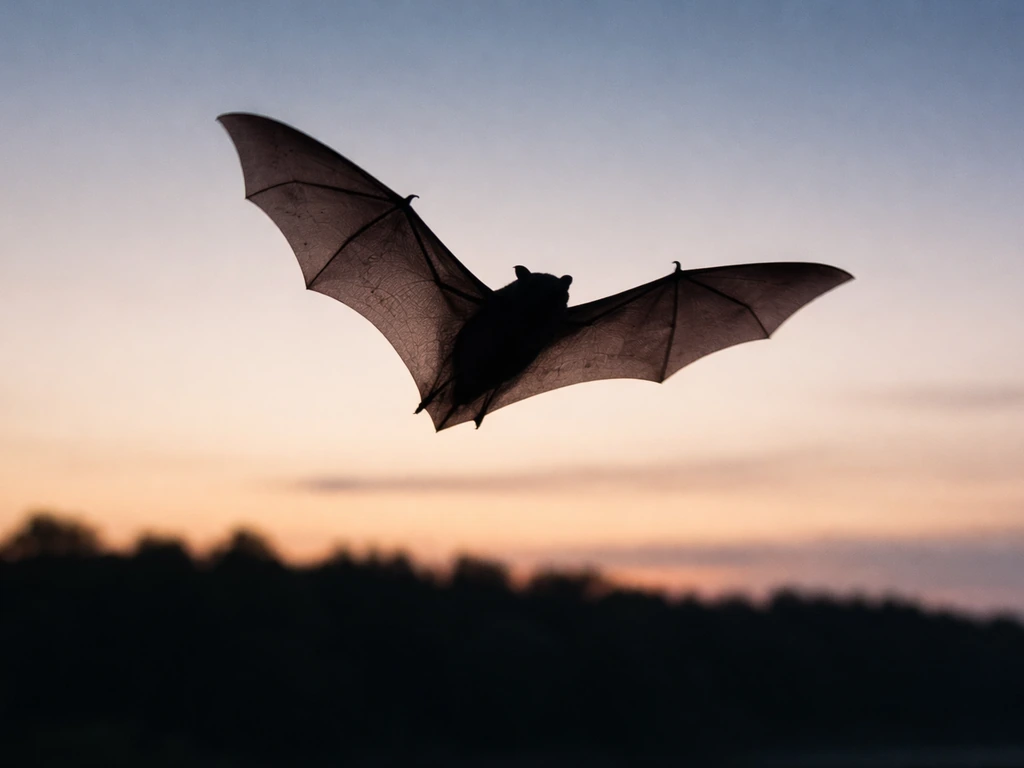 A bat gliding at dusk with its stretched wing membrane spread like a bird’s wing