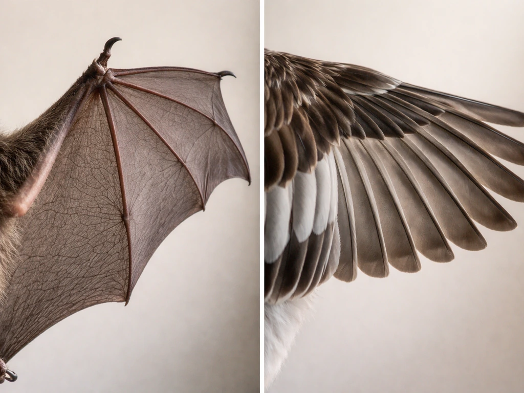 Split view of bat wing membrane and fur/hair versus bird wing feathers in a minimal studio photo.