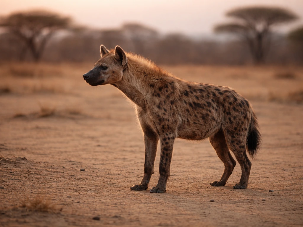 Spotted hyena in a dry savanna at dusk, showing mammal traits in natural habitat.
