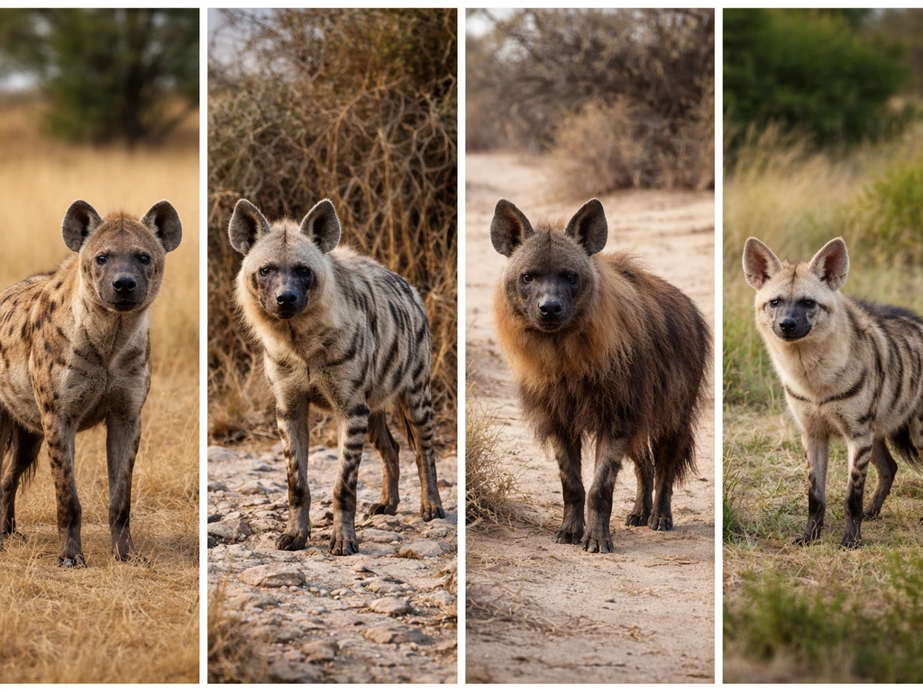 Side-by-side photos of spotted, striped, brown hyenas, and an aardwolf in natural settings.