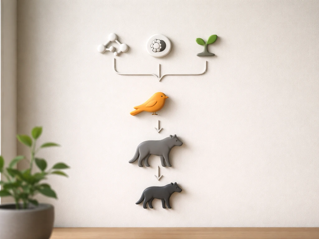 Close-up of a clean indoor taxonomy-style wall display with bird and mammal icons and a hyena silhouette