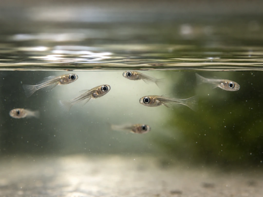 Close-up of tiny fish fry swimming in a simple aquarium tank after yolk-sac absorption.