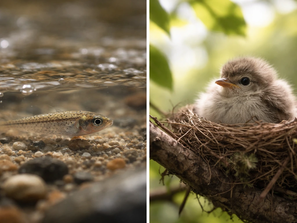Freshwater fish fry in clear water beside a bird chick in a simple nest, showing contrasting development.