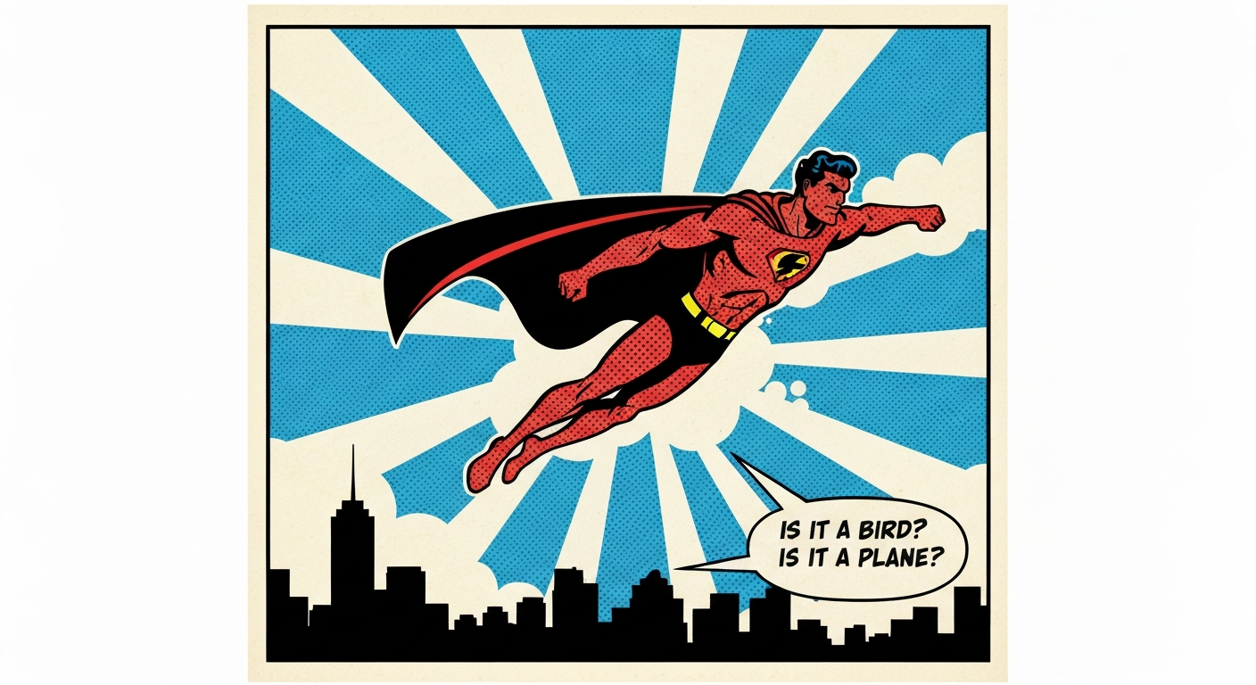 Retro comic-style illustration of a generic caped superhero flying above a city with the caption 'Is it a bird? Is it a plane?'
