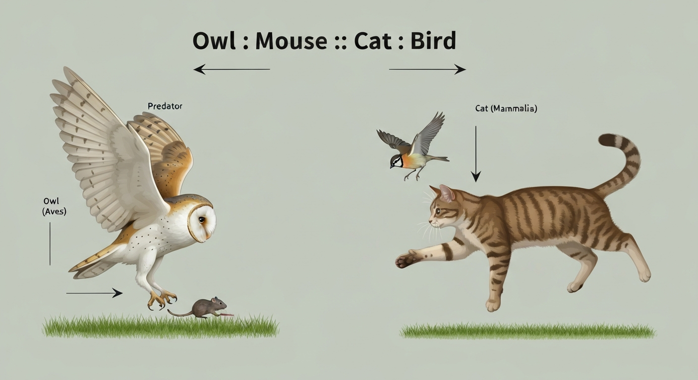 Infographic showing an owl hunting a mouse on the left and a cat hunting a bird on the right with the caption 'Owl : Mouse :: Cat : Bird' and labels 'Predator'/'Prey' plus taxonomy tags.