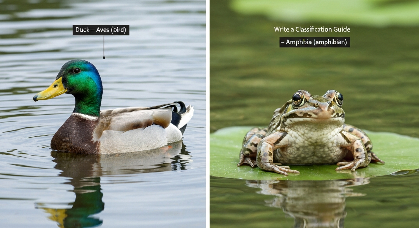 Side-by-side photo: a mallard duck on a pond labeled 'Duck — Aves' and a frog on a lily pad labeled 'Frog — Amphibia'.