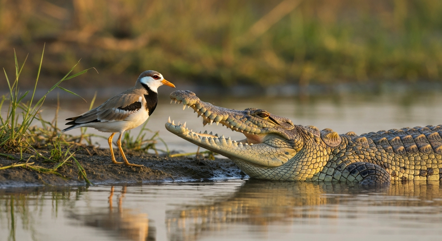 Egyptian plover perched near the snout of a calm Nile crocodile on a riverbank (illustration; not depicting verified mouth-cleaning).
